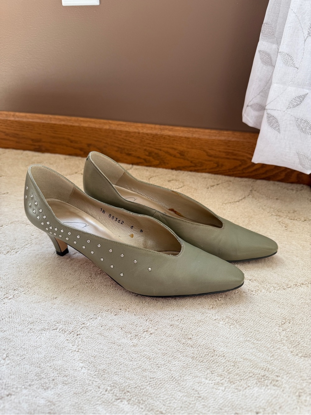 Sage Green Kitten Heel Pumps with Silver Embellishments